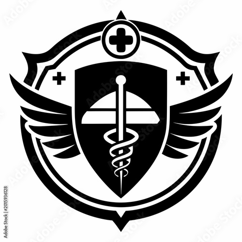 A bold black and white vector graphic featuring a medical shield emblem with a caduceus and cross symbols for healthcare or medical branding