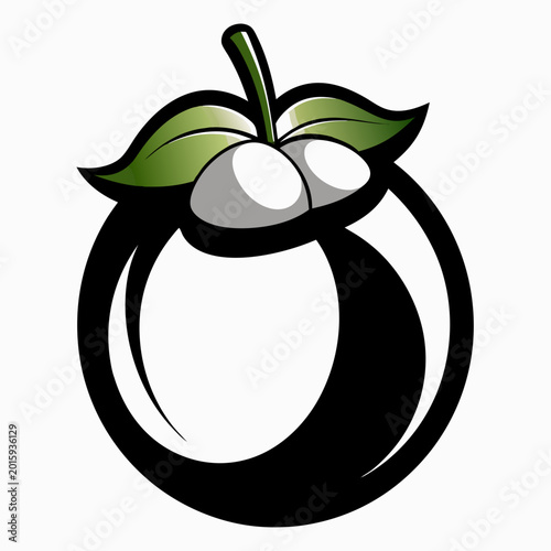 A stylish vector illustration of a mangosteen fruit with leaves depicted as a flat design icon with a transparent background