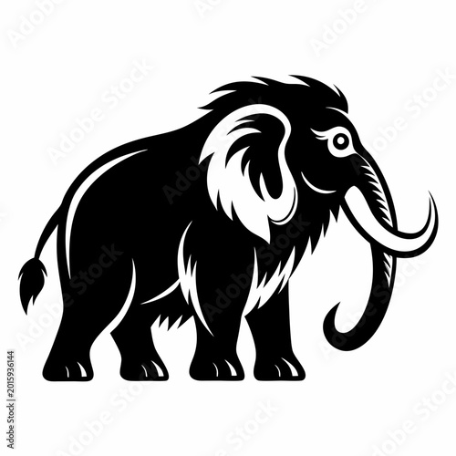 A sleek black and white vector illustration of an ancient mammoth standing in a minimalist and stylized design.