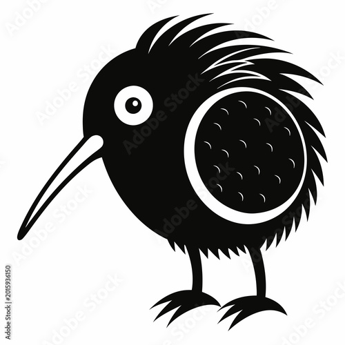 A stylish black and white vector illustration of a kiwi bird standing with a circular pattern on its side