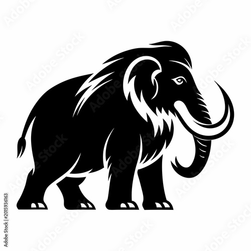 A sleek black and white vector illustration of a woolly mammoth standing in a minimalist and stylized design format
