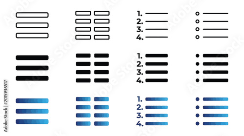 Konstfotografi Set of list icons, bullet points and numbered lists, menu icons, horizontal line
