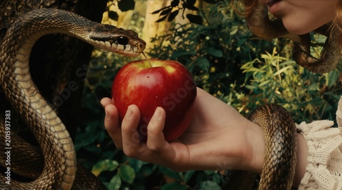 Woman holds red apple offered by snake in garden. Serpent coils around arm presenting forbidden fruit. First sin in Eden. Temptation leads to fall.