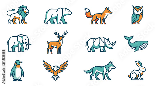 Canvas Print Minimalist vector illustration set featuring various wild animals designed with
