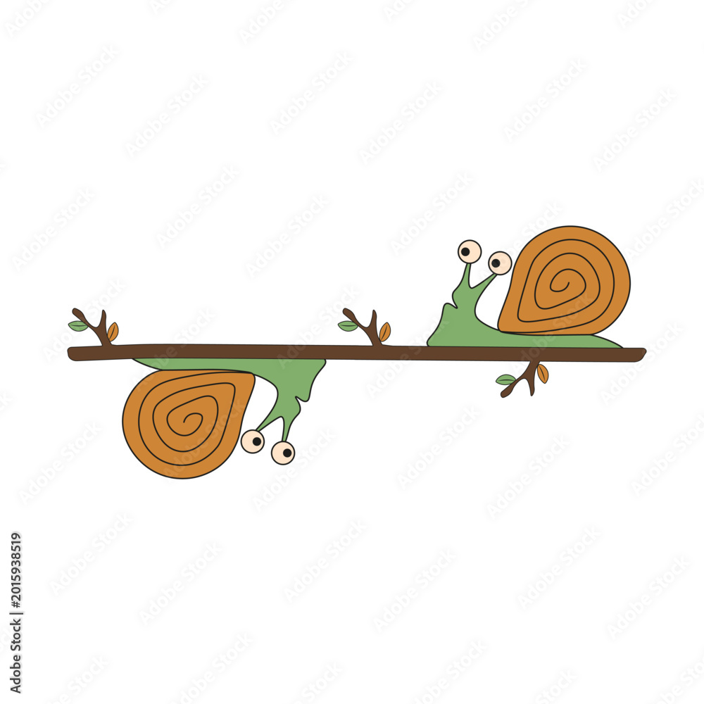 Fototapeta premium Fun Hand Drawn grapes Snail on the tree branch isolated white backgorund. Doodle vector Snail. Perfect Nursery art Kids room decor element. Editable stroke EPS 10