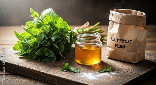 Fresh mint leaves and a jar of honey beside a bag of all-purpose flour on a wooden surface, suggesting baking or culinary preparation