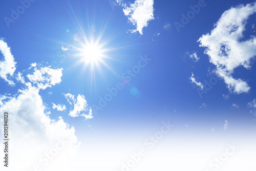 Bright Refreshing Blue Sky with Shining Sun and White Blurred Copy Space（ギラギラ眩しい太陽が輝く少し雲のある青空の風景白グラデーションあり）