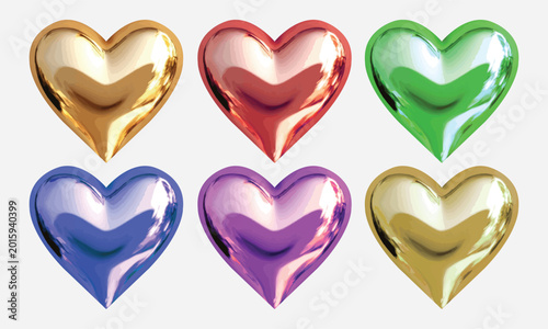Set of colorful glossy metallic 3D heart shapes in gold, red, green, blue, and purple. Shiny chrome heart icons for Valentine's Day, romance, and decorative graphic design