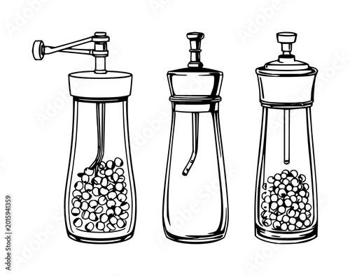 Fotografía Glass pepper grinder set with black line art on white background featuring peppe