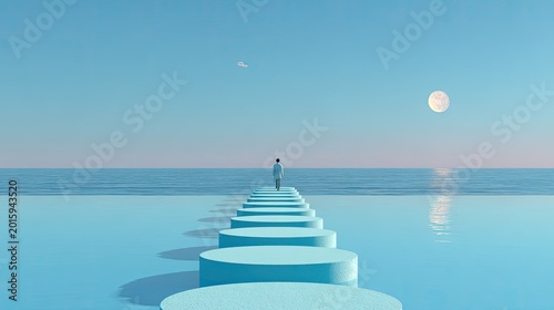 A lone figure walks on stepping stones across calm water toward moonlit horizon