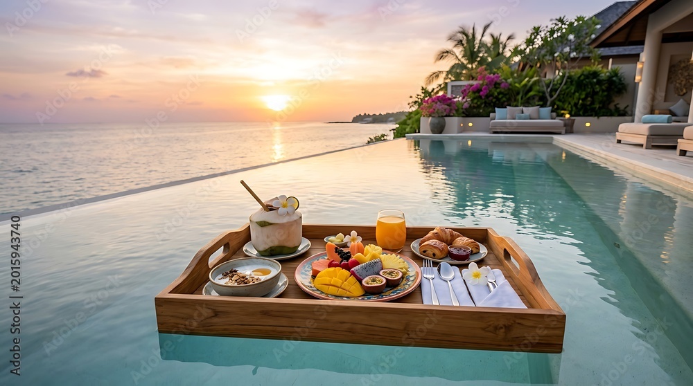 Obraz premium Luxury resort pool at sunrise