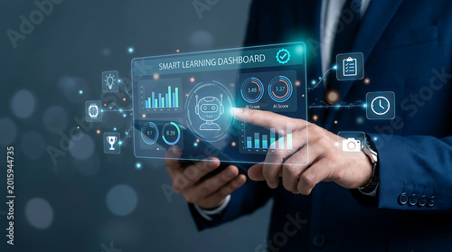 Businessman interacting with holographic dashboard on transparent screen with futuristic interface and data visualization
