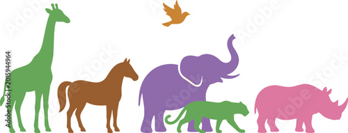 Canvas Print Colorful flat vector wildlife animal silhouettes including a giraffe, horse, elephant, rhinoceros, big cat, and flying bird isolated on white background