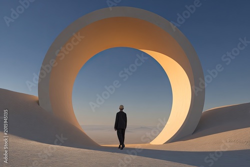 Surreal Desert Landscape with a Man Standing Before a Giant Circular Archway.
