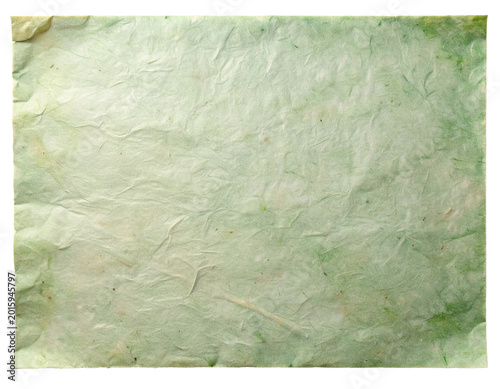 Macro shot of handmade washi paper texture background in green and white