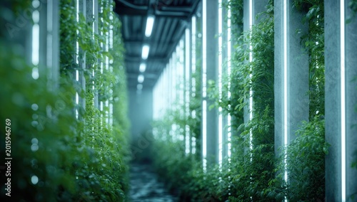 Vertical farm with rows of lush green plants illuminated by bright blue-white lights