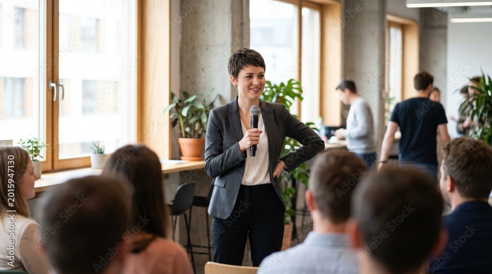 Obraz premium Confident woman speaker addressing seated audience in modern office meeting room with natural light and plants