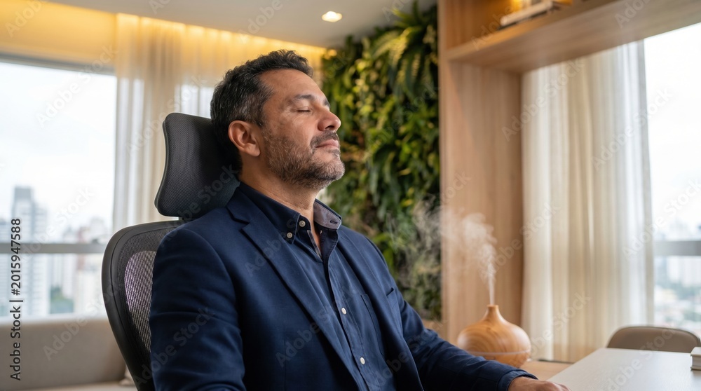 Obraz premium Relaxed Hispanic man seated at desk in office, eyes closed as he inhales calming scent from diffuser, soft natural light and indoor plant wall create peaceful workspace