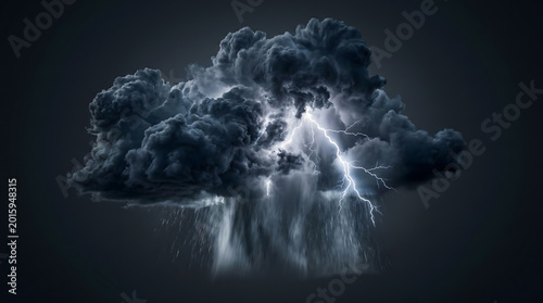 Dramatic Dark Storm Cloud with Lightning Bolt and Heavy Rain for Severe Weather Forecast