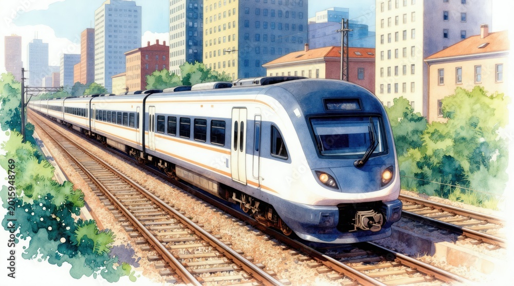 Obraz premium Modern train speeds through city buildings on railway tracks. Watercolor art shows urban travel and commuter journey. Green trees line the rail line. Blue sky over the cityscape.