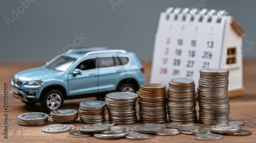 Car, coins, and calendar symbolize financial planning for automotive expenses
