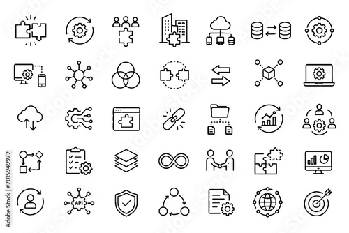 Technology, Networking and Artificial Intelligence Line Icons Set. Editable Outline Vector Illustration of Cloud Computing, Cybersecurity, Data Analytics, Automation, Digital Communication and Innovat