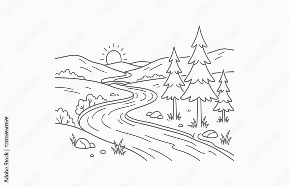Naklejka premium Line drawing of a landscape with river trees and sun