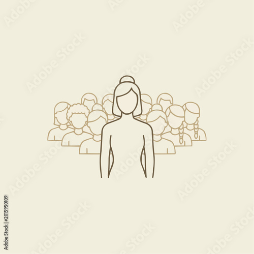 Group of people with a confident woman in the foreground standing out in a neutral background