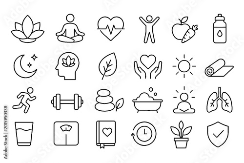 Healthy Lifestyle and Wellness Line Icons Set
