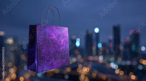 A shimmering purple bag floats over a blurred city at night