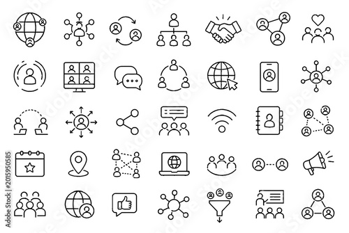Global Network and Community Line Icons Set
