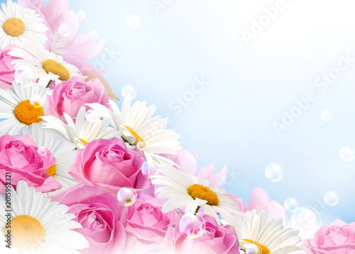 Pink roses flowers background with daisy blossoms and copy space for wedding invitations, greeting cards, beauty branding, and feminine templates.
