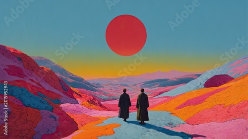Two figures stand on a vibrant alien planet under a large red sun.