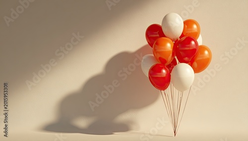 Brightly lit balloons cast long shadows on a neutral wall in warm sunlight