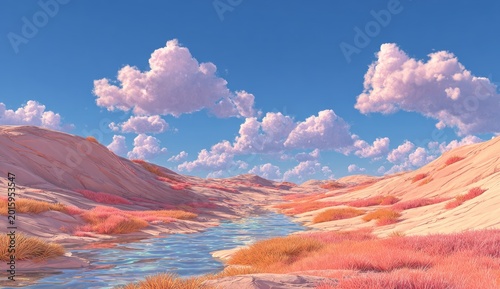 Serene desert canyon with river and pink flora under a cloudy sky