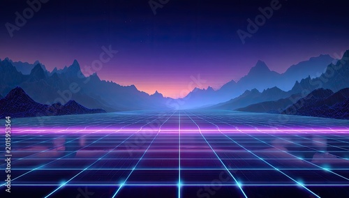 Retro-futuristic neon grid landscape with glowing mountains and sunset sky