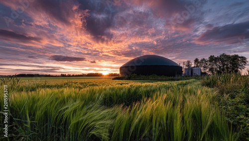 A large domed structure sits in a field of green crops against a dramatic sunset sky
