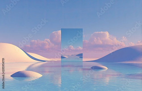 Surreal pastel landscape with mirrored portal and serene water reflections