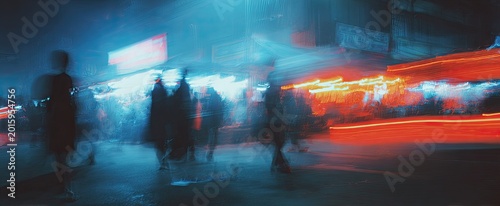 Silhouettes of people blurred against bright, streaking city lights at night