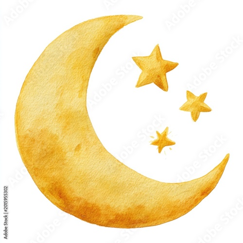 A golden crescent moon with three small stars painted on a white background