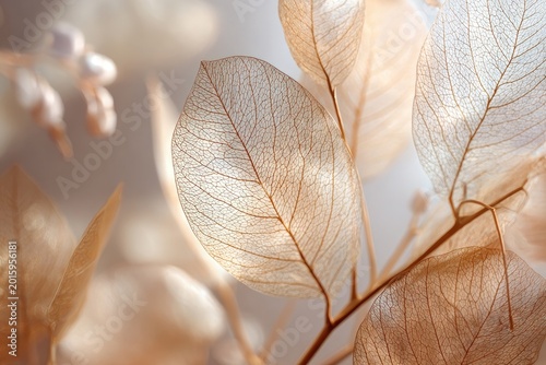 Delicate translucent leaves with intricate veins illuminated by soft light
