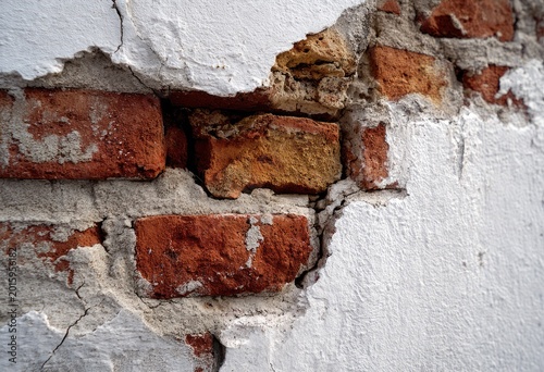 Close-up view of weathered red bricks with crumbling white plaster
