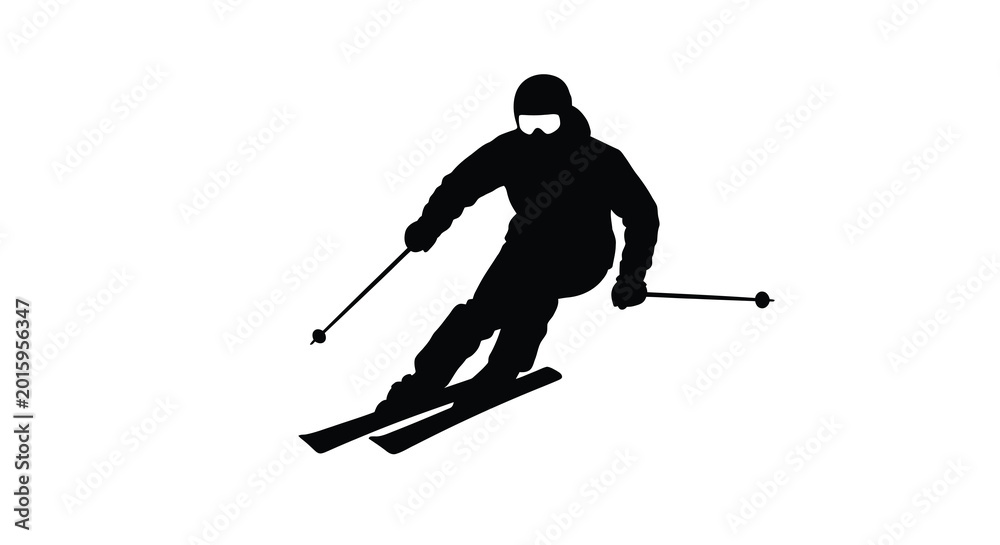 Fototapeta premium Skier in action pose with ski poles black silhouette