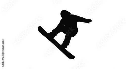 Fotografija Snowboarder in mid air jump black silhouette on white background