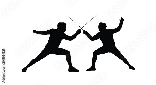 Foto Two fencers in action with swords dynamic pose black silhouette