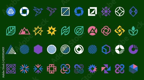 Obraz na płótnie Collection of thirty six abstract geometric logo designs with colorful shapes, p