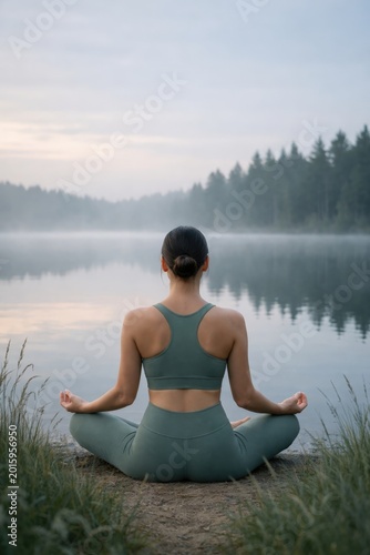 Woman in green activewear meditating by a tranquil lake surrounded by trees, with mist rising from the water and a serene atmosphere enhancing the peaceful outdoor setting