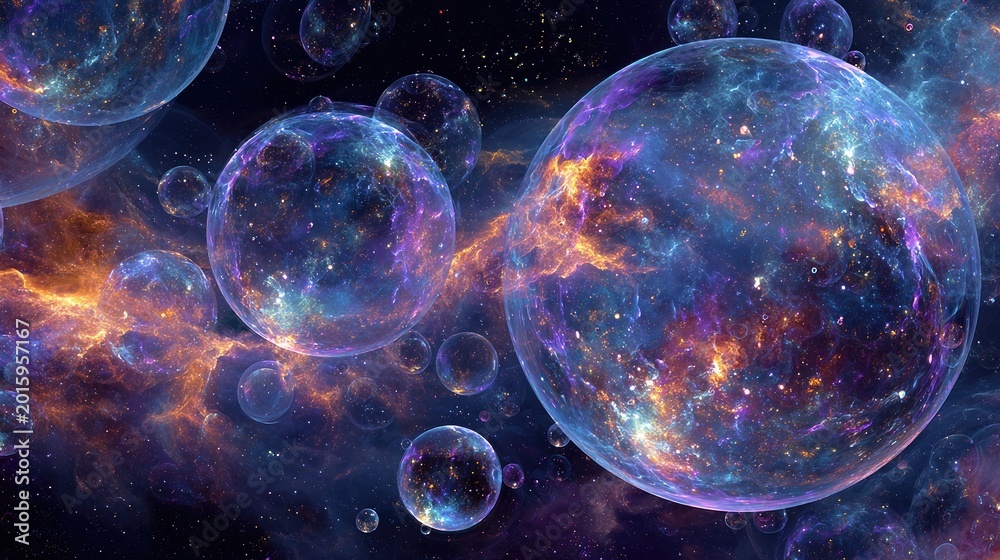 Naklejka premium Multiverse of glowing nebulae and cosmic bubbles in deep space
