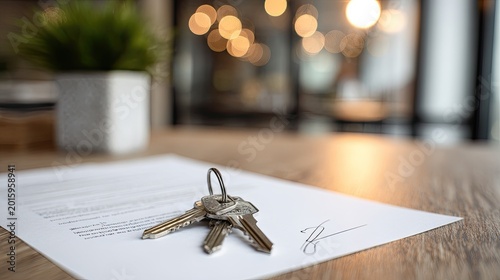 Keys rest on a signed contract, signifying property ownership transfer