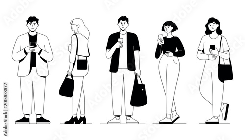 Diverse people using smartphones modern vector illustration for digital lifestyle concepts